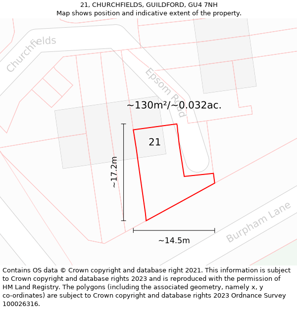 21, CHURCHFIELDS, GUILDFORD, GU4 7NH: Plot and title map