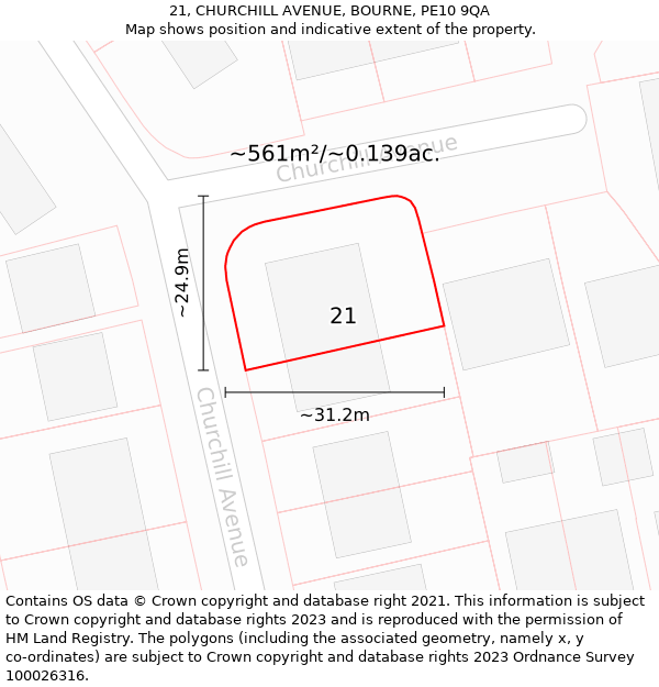 21, CHURCHILL AVENUE, BOURNE, PE10 9QA: Plot and title map