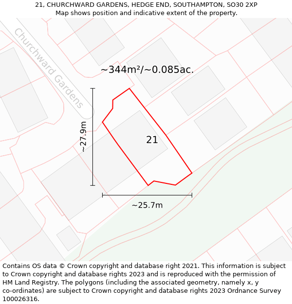 21, CHURCHWARD GARDENS, HEDGE END, SOUTHAMPTON, SO30 2XP: Plot and title map