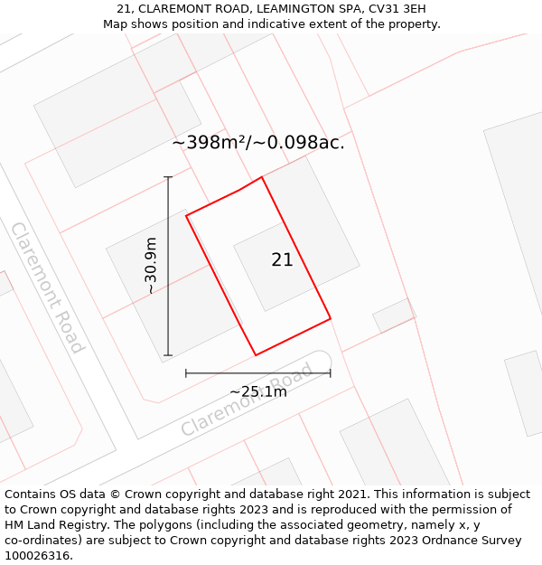 21, CLAREMONT ROAD, LEAMINGTON SPA, CV31 3EH: Plot and title map