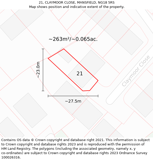 21, CLAYMOOR CLOSE, MANSFIELD, NG18 5RS: Plot and title map