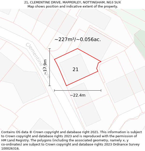 21, CLEMENTINE DRIVE, MAPPERLEY, NOTTINGHAM, NG3 5UX: Plot and title map