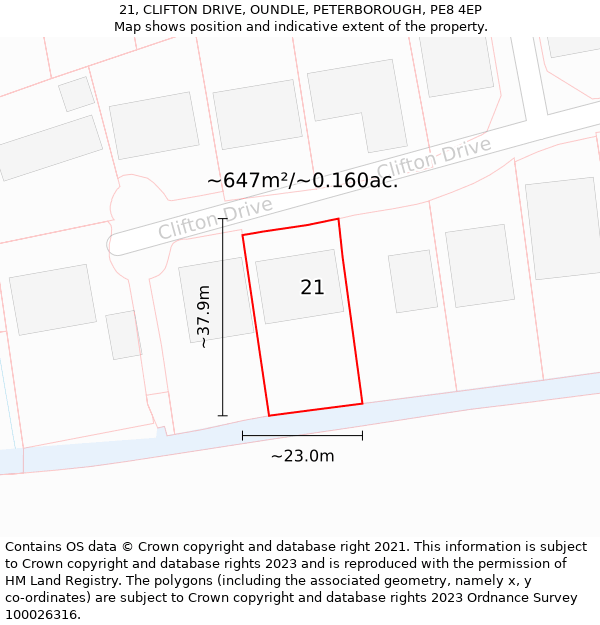 21, CLIFTON DRIVE, OUNDLE, PETERBOROUGH, PE8 4EP: Plot and title map