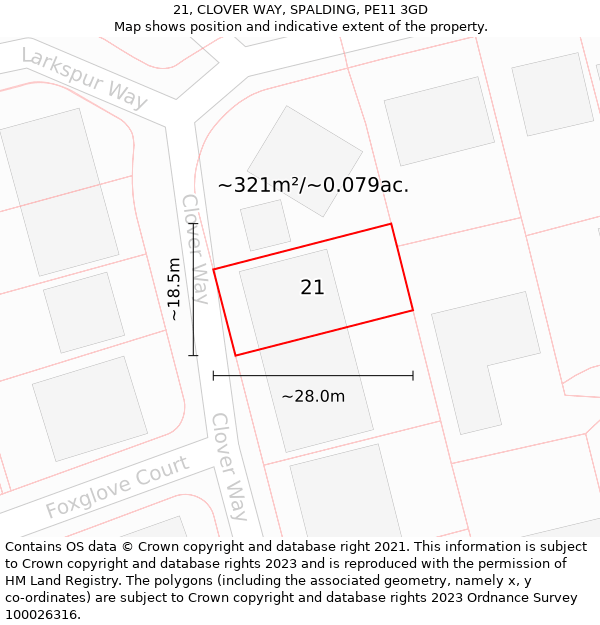 21, CLOVER WAY, SPALDING, PE11 3GD: Plot and title map