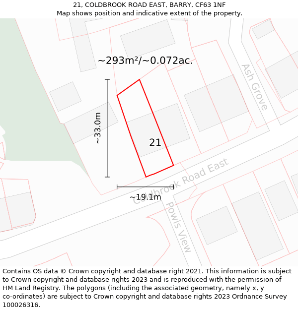 21, COLDBROOK ROAD EAST, BARRY, CF63 1NF: Plot and title map