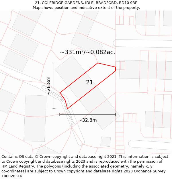 21, COLERIDGE GARDENS, IDLE, BRADFORD, BD10 9RP: Plot and title map