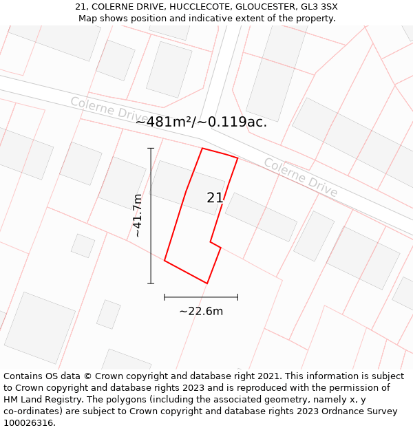 21, COLERNE DRIVE, HUCCLECOTE, GLOUCESTER, GL3 3SX: Plot and title map