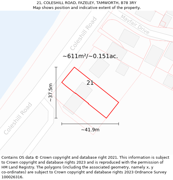 21, COLESHILL ROAD, FAZELEY, TAMWORTH, B78 3RY: Plot and title map