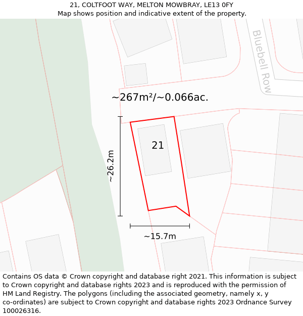 21, COLTFOOT WAY, MELTON MOWBRAY, LE13 0FY: Plot and title map