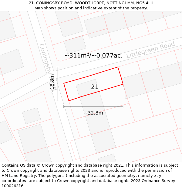 21, CONINGSBY ROAD, WOODTHORPE, NOTTINGHAM, NG5 4LH: Plot and title map