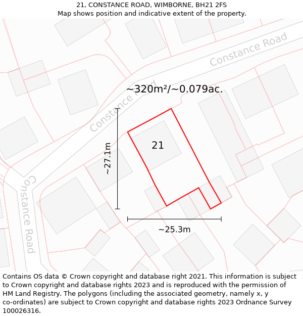 21, CONSTANCE ROAD, WIMBORNE, BH21 2FS: Plot and title map