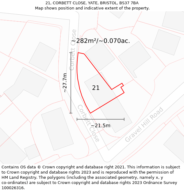 21, CORBETT CLOSE, YATE, BRISTOL, BS37 7BA: Plot and title map