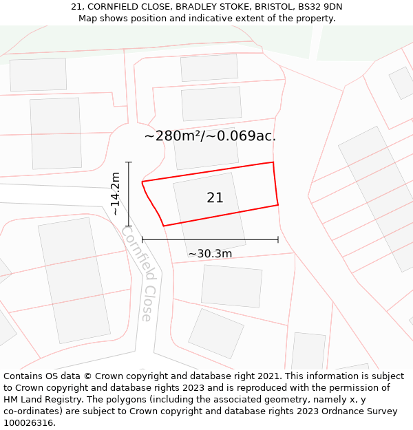 21, CORNFIELD CLOSE, BRADLEY STOKE, BRISTOL, BS32 9DN: Plot and title map