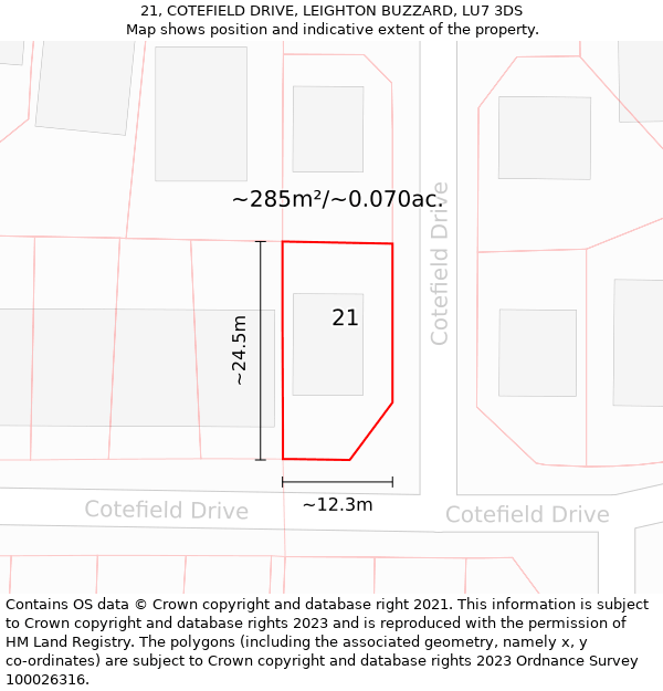 21, COTEFIELD DRIVE, LEIGHTON BUZZARD, LU7 3DS: Plot and title map