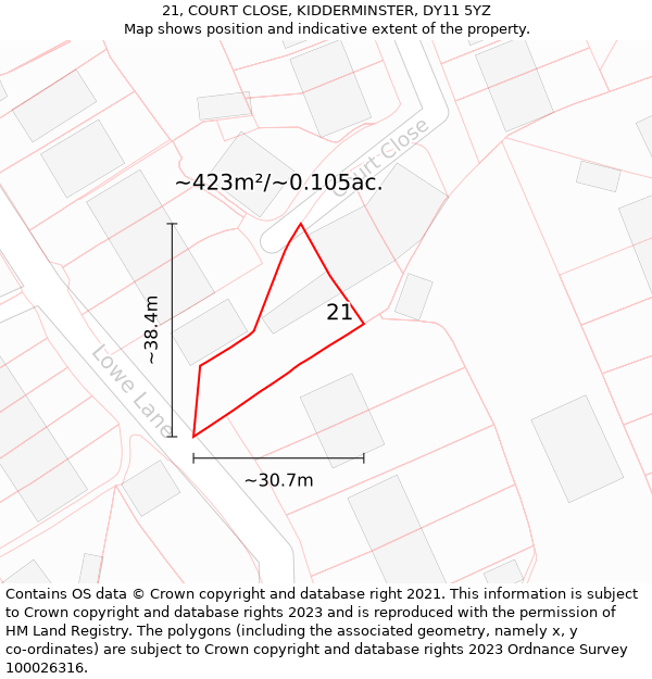 21, COURT CLOSE, KIDDERMINSTER, DY11 5YZ: Plot and title map