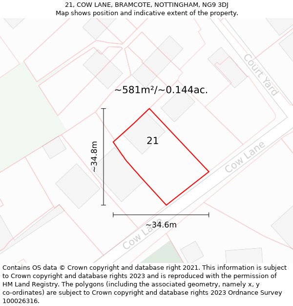 21, COW LANE, BRAMCOTE, NOTTINGHAM, NG9 3DJ: Plot and title map