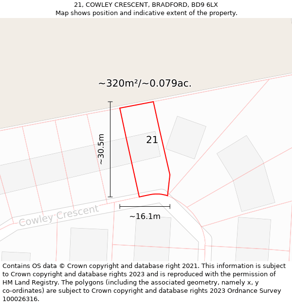 21, COWLEY CRESCENT, BRADFORD, BD9 6LX: Plot and title map