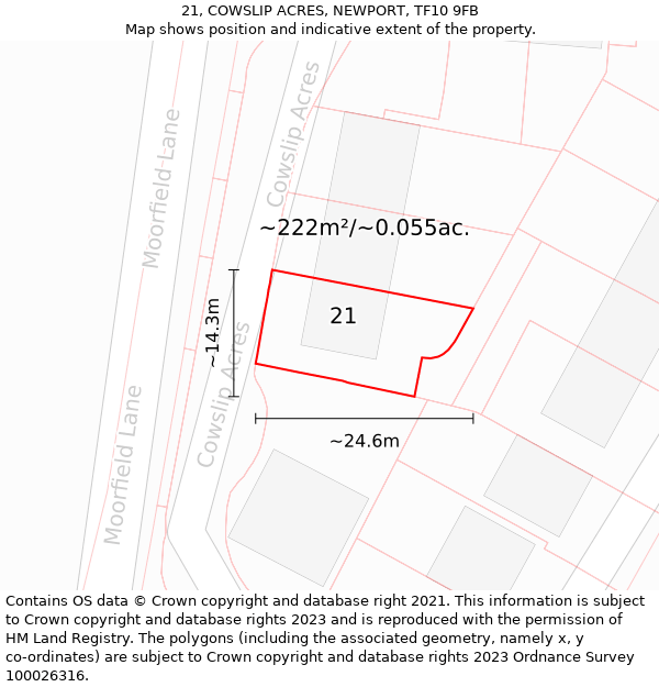 21, COWSLIP ACRES, NEWPORT, TF10 9FB: Plot and title map