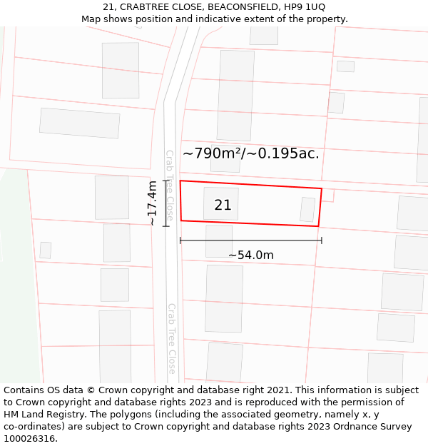 21, CRABTREE CLOSE, BEACONSFIELD, HP9 1UQ: Plot and title map