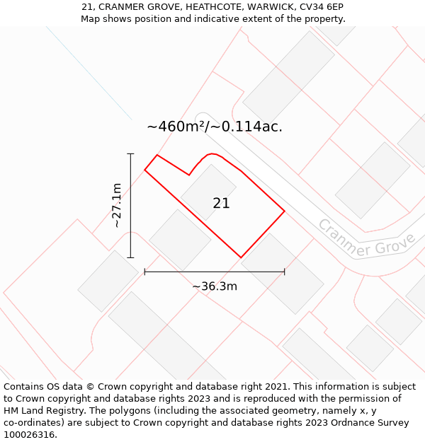 21, CRANMER GROVE, HEATHCOTE, WARWICK, CV34 6EP: Plot and title map