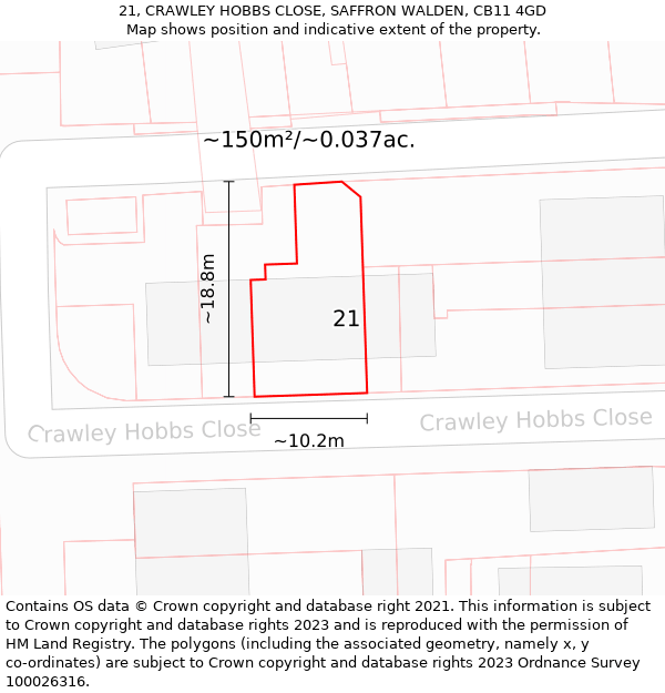 21, CRAWLEY HOBBS CLOSE, SAFFRON WALDEN, CB11 4GD: Plot and title map