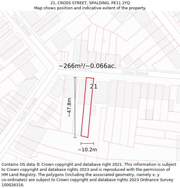 21, CROSS STREET, SPALDING, PE11 2YQ: Plot and title map