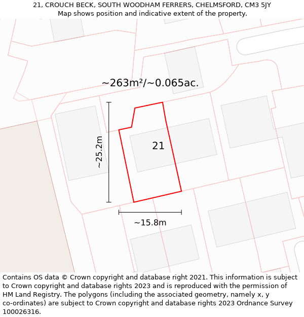 21, CROUCH BECK, SOUTH WOODHAM FERRERS, CHELMSFORD, CM3 5JY: Plot and title map