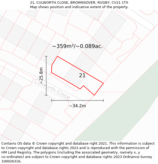 21, CULWORTH CLOSE, BROWNSOVER, RUGBY, CV21 1TX: Plot and title map