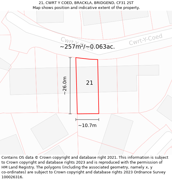 21, CWRT Y COED, BRACKLA, BRIDGEND, CF31 2ST: Plot and title map