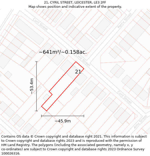 21, CYRIL STREET, LEICESTER, LE3 2FF: Plot and title map