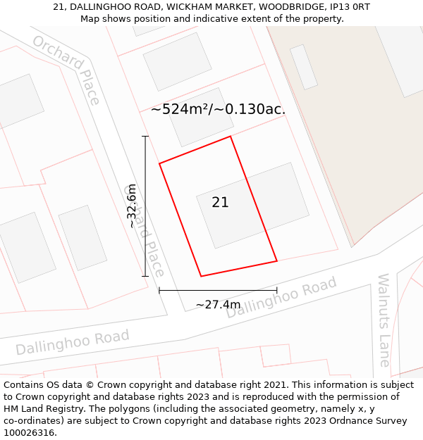21, DALLINGHOO ROAD, WICKHAM MARKET, WOODBRIDGE, IP13 0RT: Plot and title map
