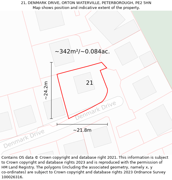 21, DENMARK DRIVE, ORTON WATERVILLE, PETERBOROUGH, PE2 5HN: Plot and title map