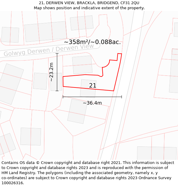 21, DERWEN VIEW, BRACKLA, BRIDGEND, CF31 2QU: Plot and title map