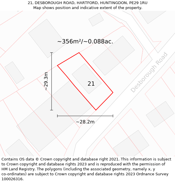 21, DESBOROUGH ROAD, HARTFORD, HUNTINGDON, PE29 1RU: Plot and title map