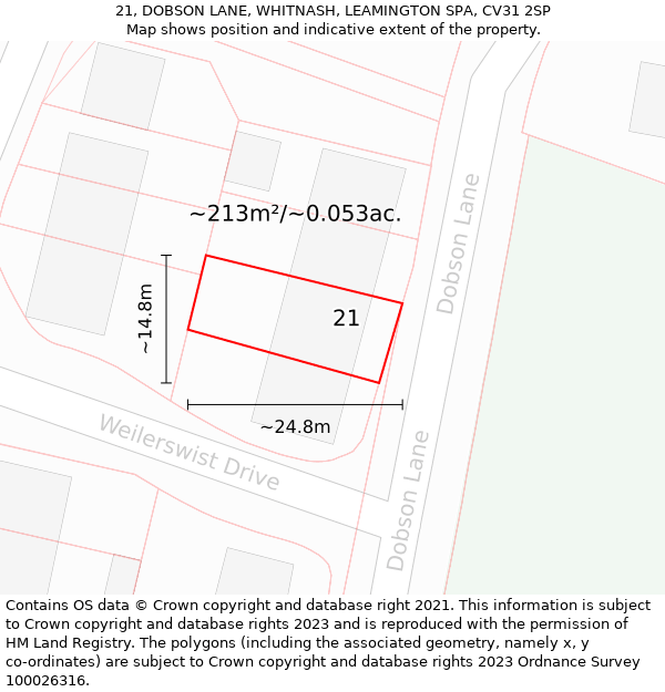 21, DOBSON LANE, WHITNASH, LEAMINGTON SPA, CV31 2SP: Plot and title map