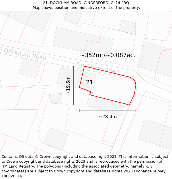 21, DOCKHAM ROAD, CINDERFORD, GL14 2BQ: Plot and title map