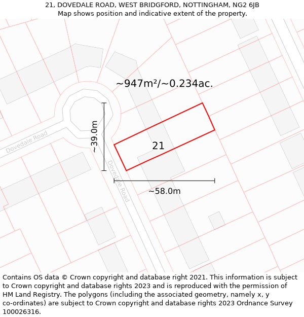 21, DOVEDALE ROAD, WEST BRIDGFORD, NOTTINGHAM, NG2 6JB: Plot and title map