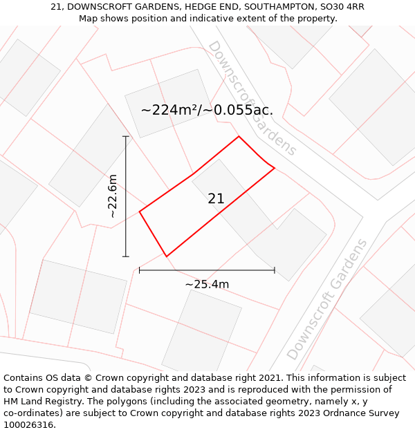 21, DOWNSCROFT GARDENS, HEDGE END, SOUTHAMPTON, SO30 4RR: Plot and title map