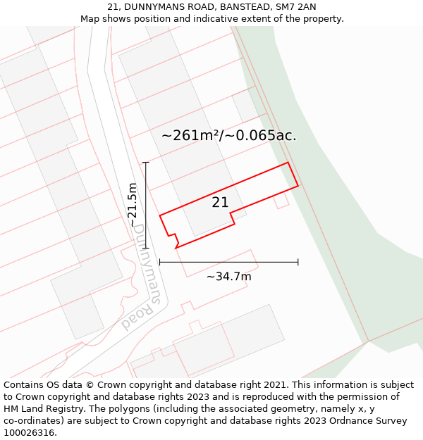 21, DUNNYMANS ROAD, BANSTEAD, SM7 2AN: Plot and title map