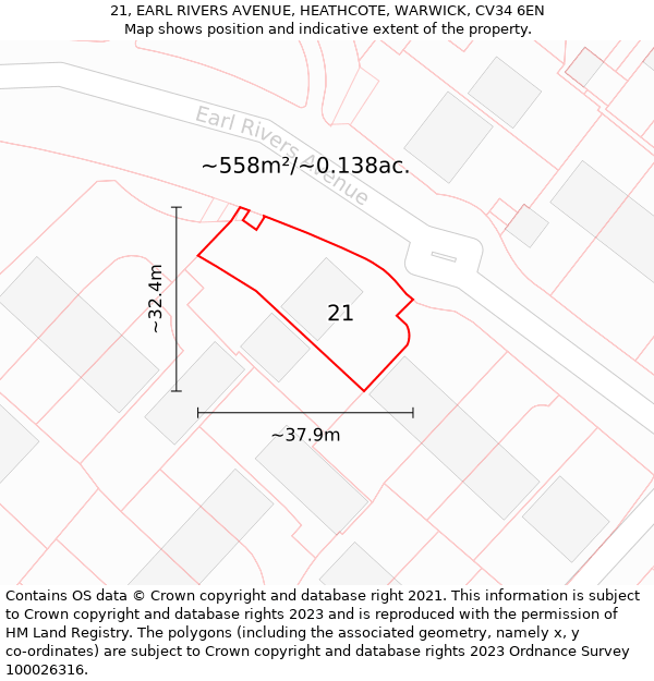 21, EARL RIVERS AVENUE, HEATHCOTE, WARWICK, CV34 6EN: Plot and title map