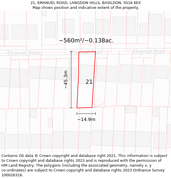 21, EMANUEL ROAD, LANGDON HILLS, BASILDON, SS16 6EX: Plot and title map