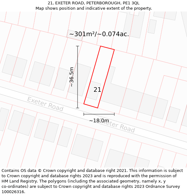 21, EXETER ROAD, PETERBOROUGH, PE1 3QL: Plot and title map