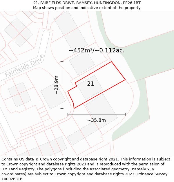 21, FAIRFIELDS DRIVE, RAMSEY, HUNTINGDON, PE26 1BT: Plot and title map