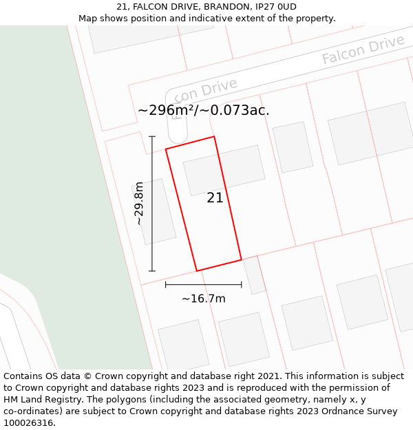 21, FALCON DRIVE, BRANDON, IP27 0UD: Plot and title map