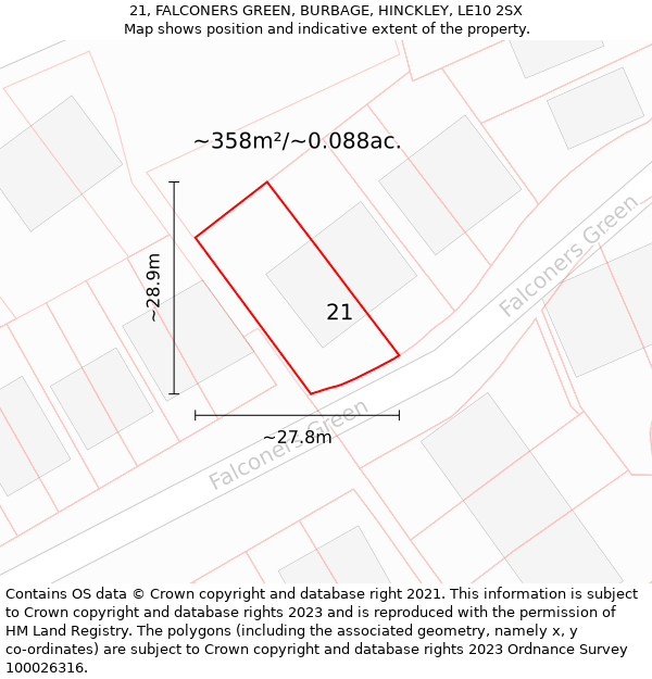 21, FALCONERS GREEN, BURBAGE, HINCKLEY, LE10 2SX: Plot and title map