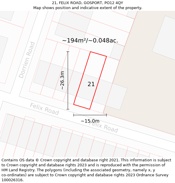 21, FELIX ROAD, GOSPORT, PO12 4QY: Plot and title map