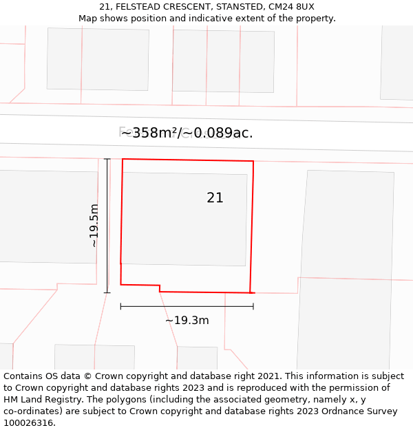 21, FELSTEAD CRESCENT, STANSTED, CM24 8UX: Plot and title map