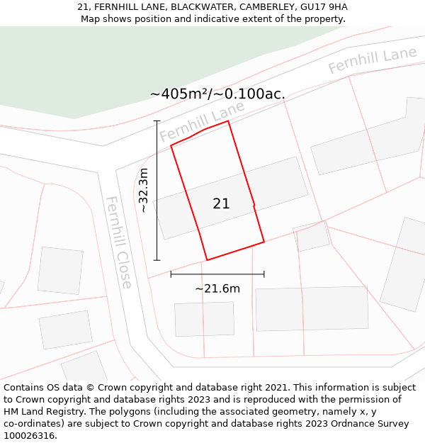 21, FERNHILL LANE, BLACKWATER, CAMBERLEY, GU17 9HA: Plot and title map