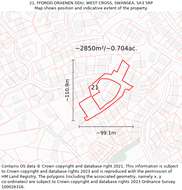 21, FFORDD DRAENEN DDU, WEST CROSS, SWANSEA, SA3 5RP: Plot and title map