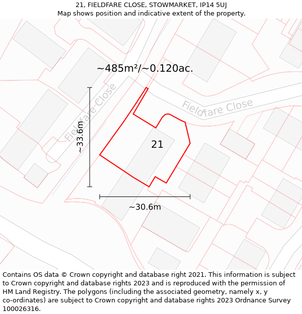 21, FIELDFARE CLOSE, STOWMARKET, IP14 5UJ: Plot and title map